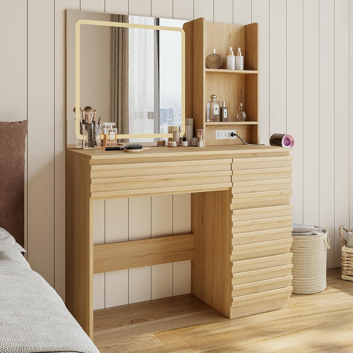 Desk Charging Station - Bedroom Vanity Desk Set in Oak,