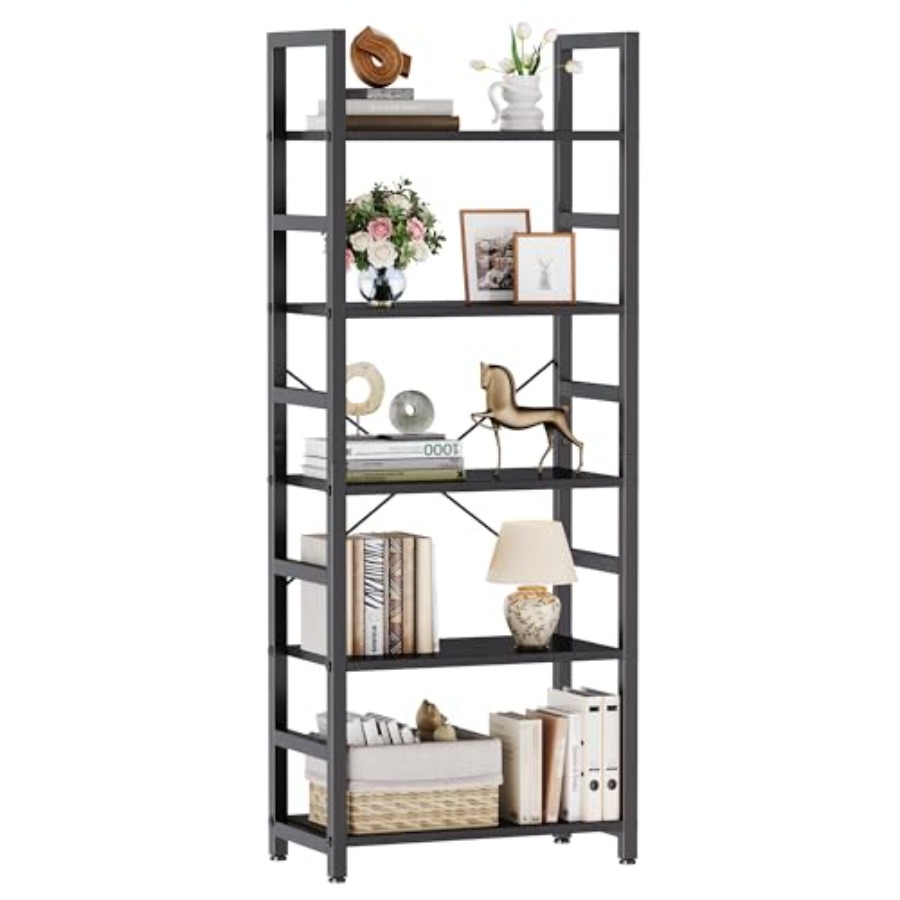 Home Office In Living Room - 5-Tier Bookshelf, Modern Tall Bookcase, Open