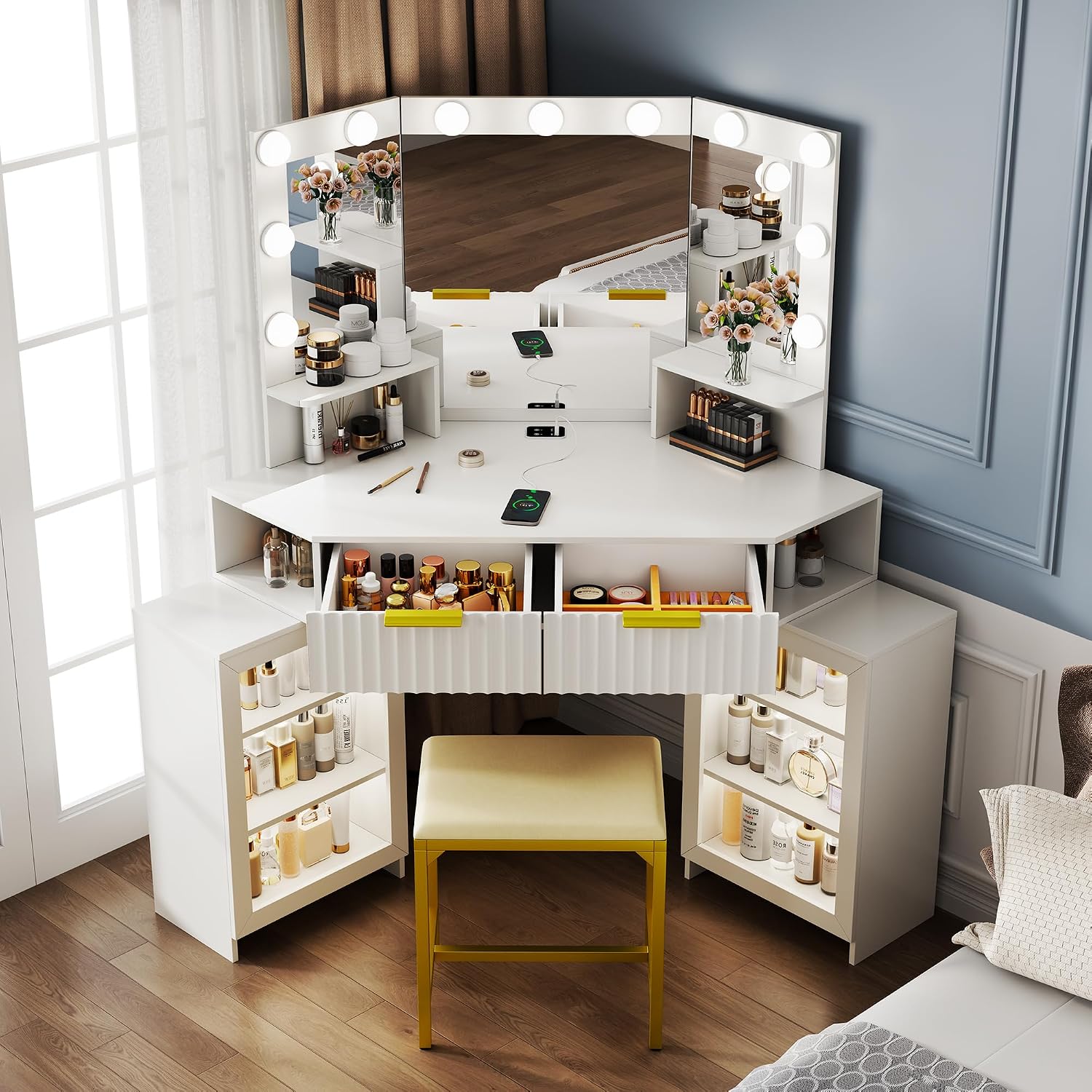 Desk Charging Station - Vanity Desk with Charging Station &