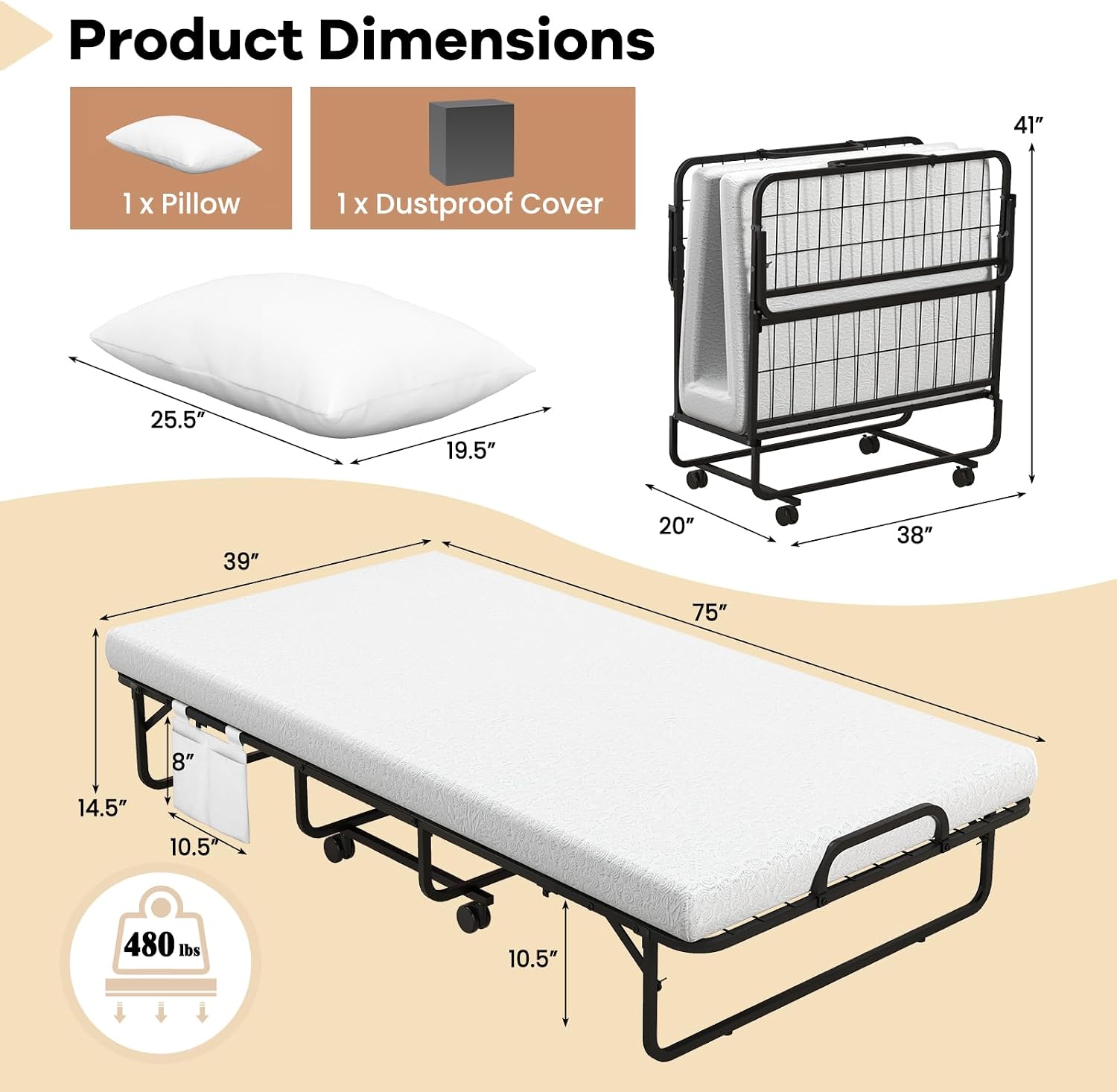 75 Inches Folding Bed With Mat - огляд і ціна Home Office Guest Room