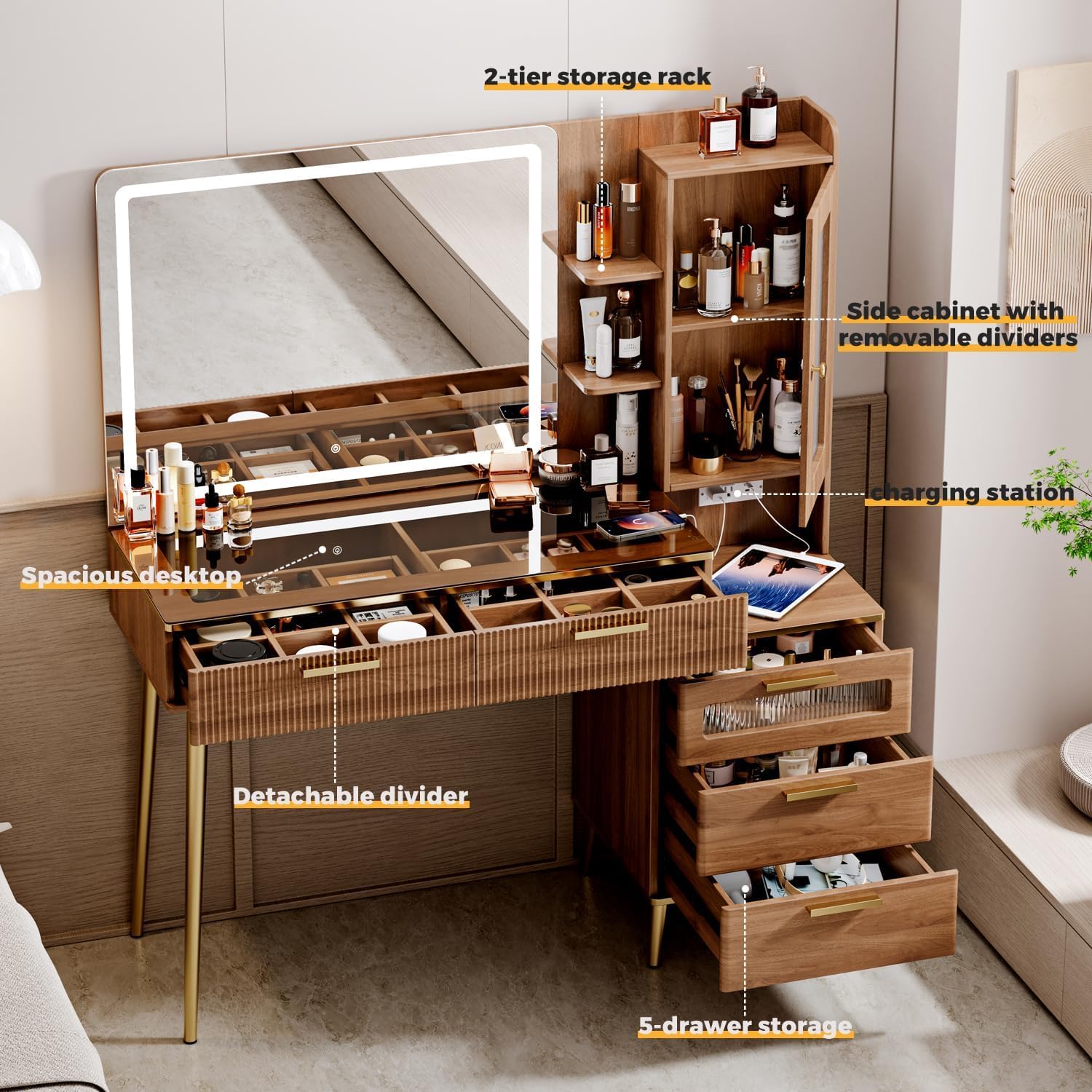 Bedroom Vanity Desk in Brown,  - огляд і ціна Desk Charging Station