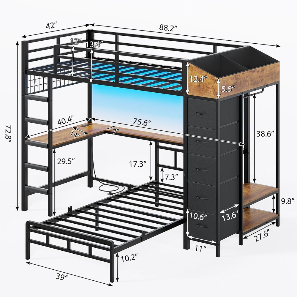 Twin Over Twin Bunk Bed with H - огляд і ціна Desk Charging Station
